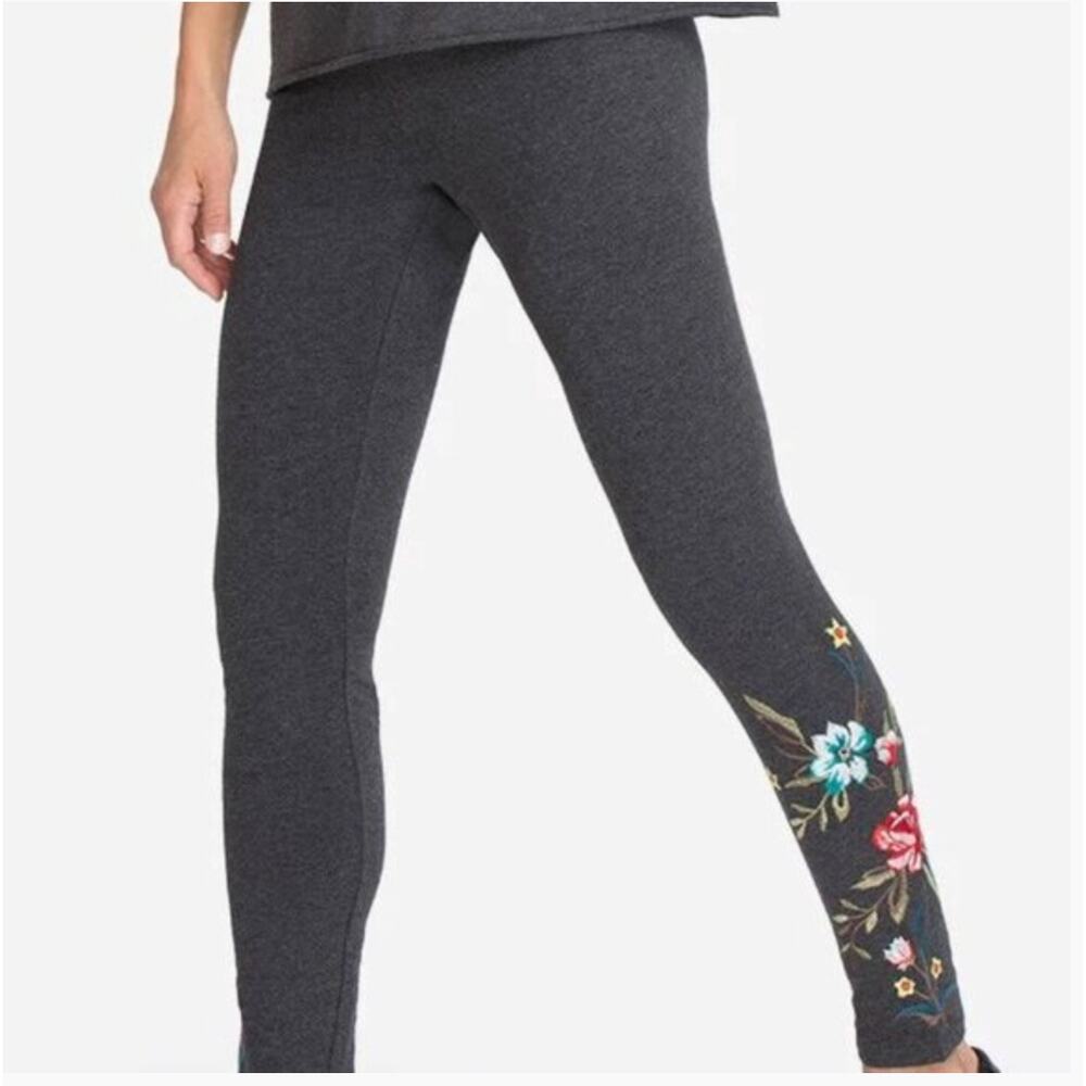 Johnny Was Embroidered Leggings Charcoal Gray Floral Boho Stretch Pants Small